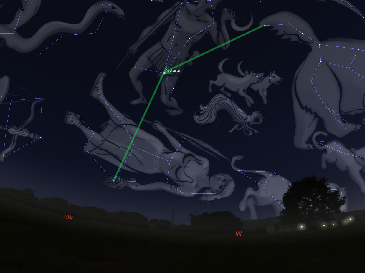 Stellarium screenshot showing pointers from Plough to Spica